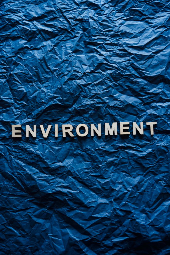 stats-img Close-up of crumpled blue paper with 'Environment' text, ideal for eco concepts.
